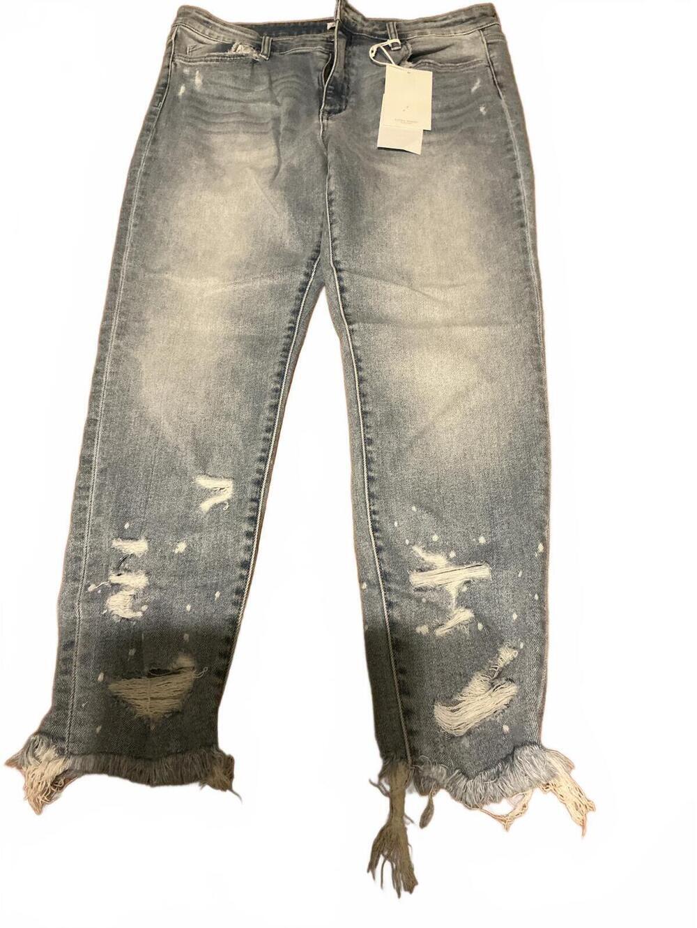 Flying Monkey Distressed Gray Denim Jeans with Frayed Hem